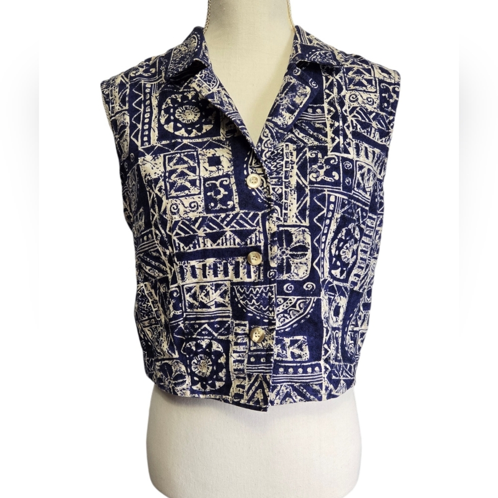 Vintage 1990s Y2K Rafaella navy blue and off-white patterned boho crop top
